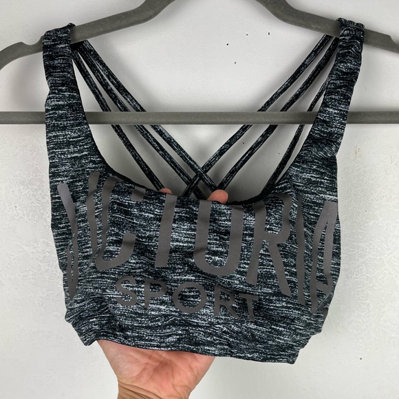 Victoria’s Secret Sport VSX Sports Bra Gray Strappy Logo Yoga Workout Medium - Picture 2 of 11